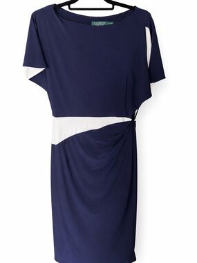 Ralph Lauren Navy and White Midi Sheath Dress with Side Knot